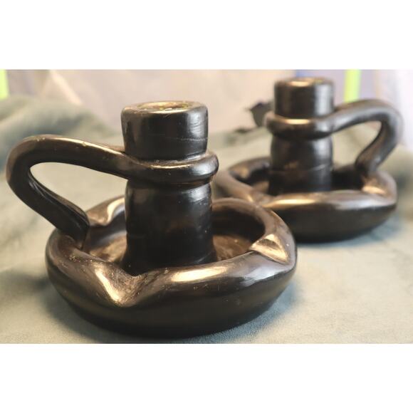 Vintage Mexican Lama Oaxaca Barro Negro Candleholder Pair Candle Holders - Picture 2 of 6